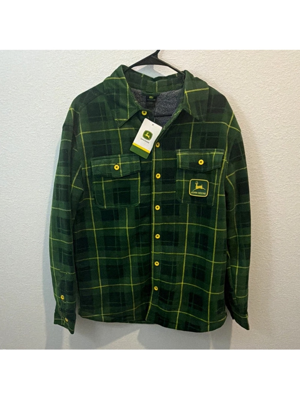 John Deere Men's S Green Plaid Fleece Lined Long Sleeve Button-Up Shacket